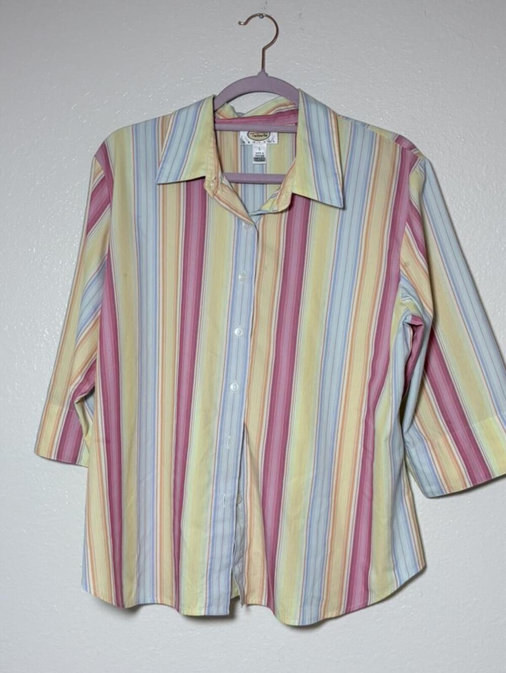 Talbots Petites Pastel Rainbow Stripe Button Down Shirt 3/4 Sleeve Size L